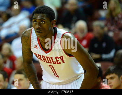 Charleston, South Carolina, USA. 22. November 2015. Bradley weiterleiten Donte Thomas (1) während der NCAA Basketball-Spiel zwischen den Towson Tigers und die Bradley Braves während der Gildan Charleston Classic TD Arena am 22. November 2015 in Charleston, South Carolina. Bildnachweis: Cal Sport Media/Alamy Live-Nachrichten Stockfoto