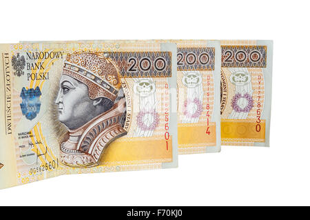 Polnische Banknoten von 200 PLN - polnischer Zloty - isoliert auf weißem Hintergrund mit Beschneidungspfad Stockfoto