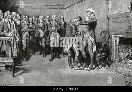 Amerikanischer Unabhängigkeitskrieg (1775-1783). New York City. Washingtons Abschied von seinen Offizieren in Fraunces Tavern am 4. Dezember 1783, der Rücktritt als ein Commander-in-Chief der Kontinentalarmee nach dem Sieg der Vereinigten Staaten. Kupferstich von Howard Pyle. Harper's Weekly, 1883. Stockfoto