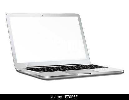 Laptop mit leeren Bildschirm und Schatten isoliert auf weißem Hintergrund. Sehr detaillierte Darstellung. Stockfoto