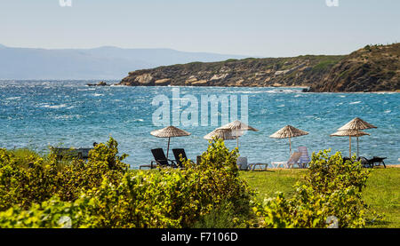 Und Stroh Sonnenschirme am Strand an einem windigen Tag von Weinreben in Bozcaada, Canakkale, Türkei Stockfoto