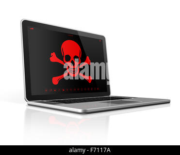 3D Laptop mit einem Piraten-Symbol auf dem Bildschirm. Hacker-Konzept Stockfoto