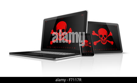 3D Laptop TabletPC und Smartphone mit Piratensymbole auf dem Bildschirm. Hacking-Konzept Stockfoto