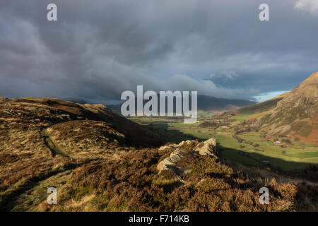 dunkle launisch Blencathra in der Ferne und das Abendlicht Beleuchtung die Gräser im Vordergrund Stockfoto