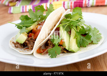 gezogen Schweinefleisch weiche Taco mit Avocado und Koriander Stockfoto