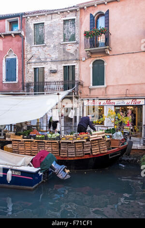 Venedig-Castello, eine schwimmende Gemüsehändler shop verkaufen Obst und Gemüse am Kanal Rio Di Sant'Anna Stockfoto