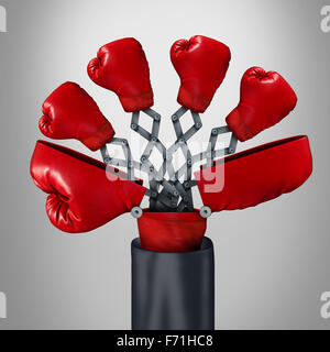 Innovative Wettbewerber Geschäftskonzept als eine offene große Boxhandschuh mit vier anderen roten Handschuhen auftauchen als ein Spiel-Wechsler Strategie Symbol für wettbewerbsfähige Innovator Vorteil durch clevere Erfindung. Stockfoto