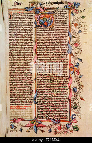 Erste Seite des Matthäus Evangeliums, nachdem ein 15. Jahrhundert MS der Wyclife Bibel beleuchtet. Stockfoto