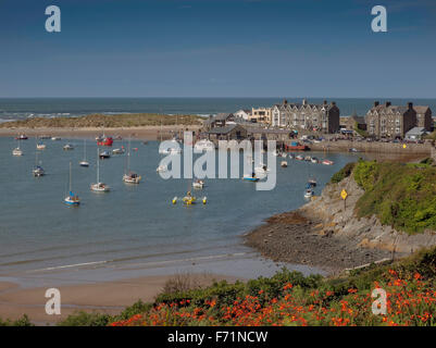 Bunten Blumen im Vordergrund Rahmen ist dieser Blick Barmouth Hafen Wth Boote und yacht vor Anker Stockfoto