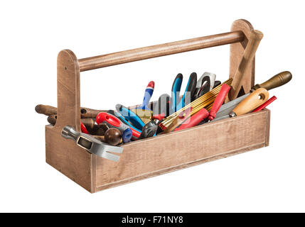 Holz Werkzeugkasten mit Werkzeugen isoliert auf weißem Hintergrund Stockfoto