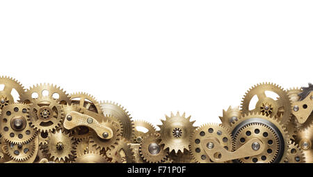 Mechanische Collage aus Uhrwerk Zahnräder auf weißem Hintergrund Stockfoto