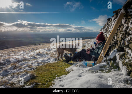 Personen, Schnee, Sonnenschein und Sandwiches mit Hund auf dem Gipfel des Pen-y-Gent, eine der berühmten Yorkshire Drei Zinnen Berge Stockfoto