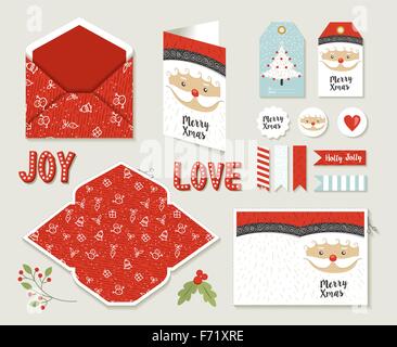 Frohe Weihnachten set druckbare DIY Umschlag, Tags und Urlaub Grußkarte für Weihnachten Saison in netten Retro-Stil. EPS10 Vektor. Stock Vektor