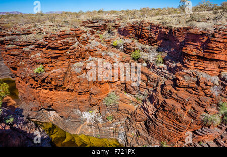Australien, Western Australia, Pilbara, Hamersley Range, Karijini-Nationalpark, geschichteten Felswand in Joffre Gorge Stockfoto