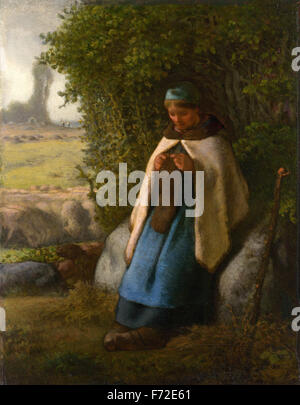 Jean-François Millet - auf einem Felsen sitzende Schäferin Stockfoto