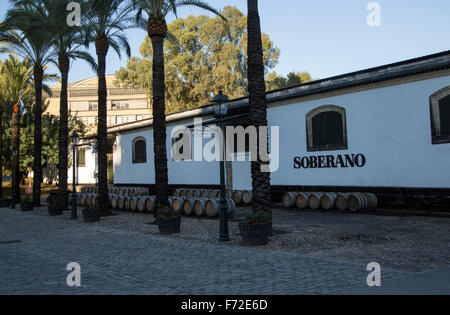 Soberano brandy Cognac Markenzeichen auf Bau, Provinz von Gonzalez Byass Bodega, Jerez De La Frontera, Cadiz, Spanien Stockfoto