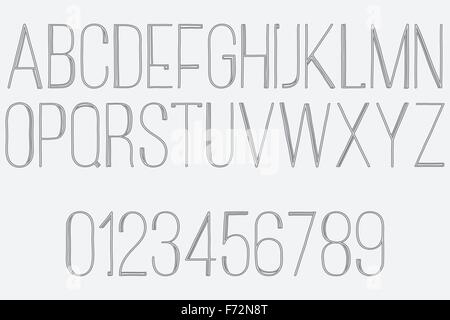 Satz von monochromen Alphabet Buchstaben und Zahlen, die isoliert auf weißem Hintergrund. moderne, dünne Schrift Vektortyp Stock Vektor