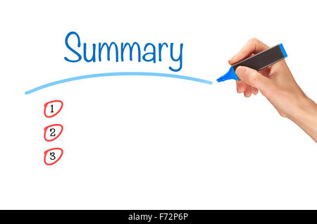 Zusammenfassung, in Marker auf einen klaren Bildschirm geschrieben. Stockfoto