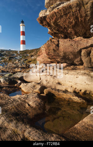 Tarbat Ness Leuchtturm in Moray Firth, Ross-Shire, Schottland, Großbritannien. Stockfoto