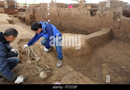 (151124) - Xi ' an, 24. November 2015 (Xinhua)--Archäologen klar ein Grab an der Ausgrabungsstätte der neolithischen Website an den Ruinen der Tempel Longgang paläoanthropologischen Website in Hanzhong City, Nord-China Shaanxi Provinz, 24. November 2015. Archäologen vom Institut für Wirbeltierpaläontologie und Paläoanthropologie der China Academy of Sciences und Shaanxi archäologischen Instituts haben Spuren menschlicher Aktivitäten stammt aus mehr als 1 Million Jahren bei den Longgang Tempelruinen gefunden. Die Entdeckung zeigt, dass das Hanshui-Tal auch einer der Ursprünge der alten chinesischen Civilizati ist Stockfoto