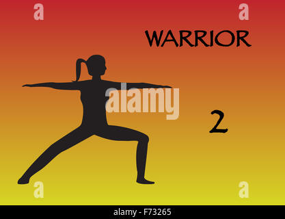 Eine Yoga-Frau Krieger 2 Position auf einem farbigen Hintergrund durchführen Stockfoto