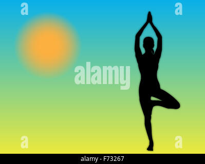 Eine Yoga-Frau Baumpose auf einem farbigen Hintergrund durchführen Stockfoto