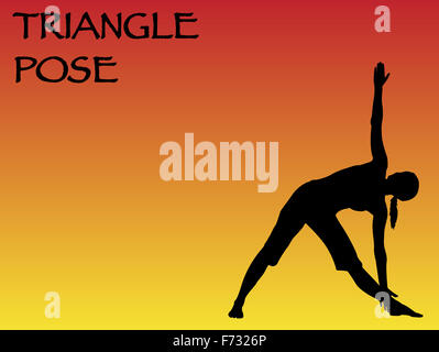 Eine Yoga-Frau Dreieck-Pose auf einem farbigen Hintergrund durchführen Stockfoto