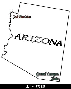 Ein Umriss des Bundesstaates Arizona mit Motto und Slogan auf einem weißen Hintergrund isoliert Stockfoto
