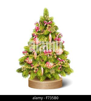 Festliche Dekoration Weihnachtsbaum Kiefer auf Holzständer isoliert Stock Vektor