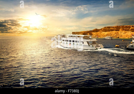 Weiße Yachten im Roten Meer bei Sonnenuntergang Stockfoto