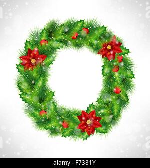 Kranz mit Holly, Kiefer und Weihnachtsstern auf Graustufen Stock Vektor
