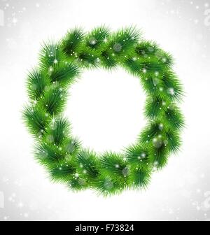 Weihnachtskranz, wie Frame bei Schneefall auf Graustufen-Hintergrund Stock Vektor
