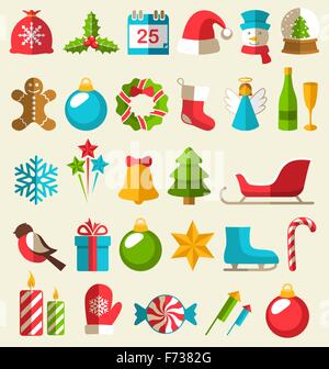 Satz von flachen Weihnachts-Icons isoliert auf Beige Stock Vektor