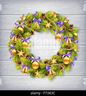 Adventskranz mit Kiefer Niederlassungen, Weihnachtskugeln, Jingle Bel Stock Vektor