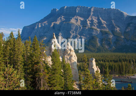 Erde Pyramiden / Hoodoos im Bow Valley und Mount Rundle in der Banff Nationalpark, Alberta, Rocky Mountains, Kanada Stockfoto