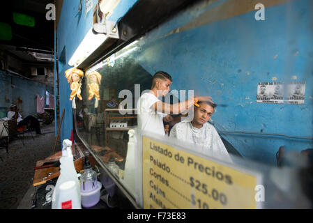 Ein junger Mann bekommt seine Frisur in Havanna, Kuba. Stockfoto