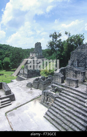 Blick von oben auf die Nord-Akropolis der Tempel II & III Tikal, Guatemala. Stockfoto