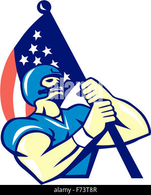 Abbildung eines american-Football-Spielers Usa amerikanische Flagge Nachschlagen von niedrigen Winkel getan im retro-Stil betrachtet. Stockfoto