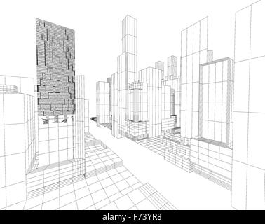 3D Bild der Stadt Blaupause mit Wolkenkratzer und Straße Stockfoto