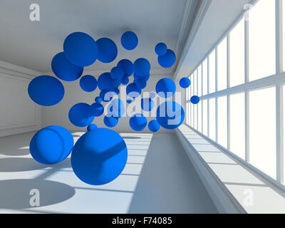 Surreale leeren Innenraum 3D-Bild mit schwimmenden Kugeln Stockfoto
