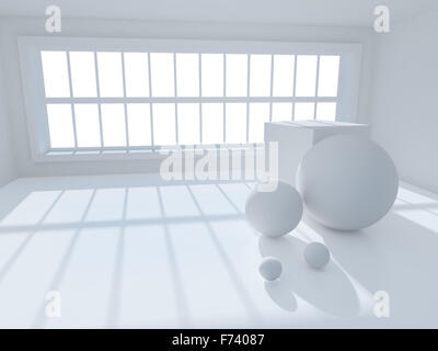 Surreale 3d Bild des Innenraums mit geometrischen Objekten Stockfoto