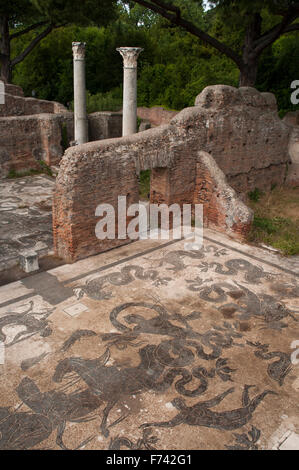 Herrliche Mosaiken sind in den Ausgrabungen von Ostia Antica, der Hafenstadt des antiken Roms konserviert. Stockfoto