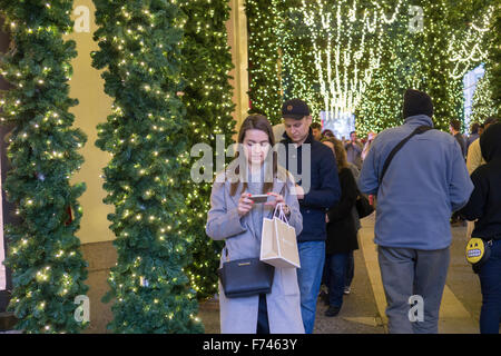 Lord & Taylor in New York, leiden derzeit die Demütigung von Gerüsten vor ihren Haupteingang verwandelt Zitronen Limonade durch drehen den Bau Schuppen in einer beleuchteten Arkade auf Sonntag, 22. November 2015 gesehen.  (© Richard B. Levine) Stockfoto