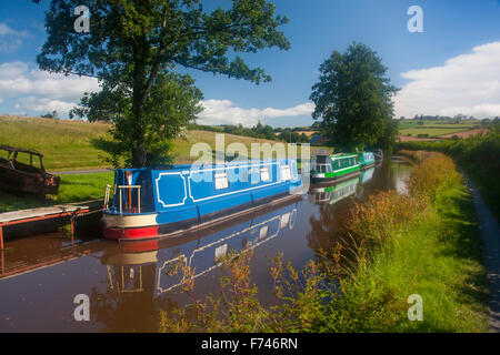 Narrowboats Monmouthshire & Brecon Canal Boote vertäut am Kanal bei Pencelli Powys Wales UK Stockfoto