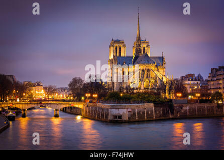 Beleuchtete Kathedrale von Notre Dame auf der Île De La Cité mit dem Erzbischof Brücke und Seineufer, Paris, Frankreich. Stockfoto
