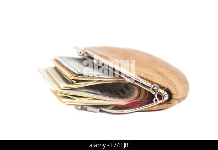 Geldbörse mit Dollarnoten isoliert auf weiss Stockfoto