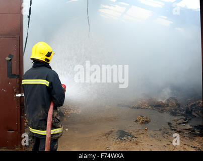 Fareham, Hampshire, UK. 25. November 2015. Feuer-Crews von Fareham, Gosport und Hightown wurden heute Nachmittag in einer Scheune-Farm in Brownwich Lane in Titchfield genannt. Hampshire Feuer und Rettung Service Watch Manager Ian Cambridge von Fareham sagte: "Wenn die erste Mannschaft besuchte die Scheune gut erleuchtet war." Er fuhr dann fort, loben die Bemühungen der teilnehmenden Mannschaften und die harte Arbeit, die sie setzen, um die Feuersbrunst zu zwei anderen angrenzenden Scheunen Ausbreitung zu stoppen. Ein Wasserträger hatte, aufgrund der begrenzten Wasserversorgung im Bereich aufgerufen werden. Bildnachweis: Uknip/Alamy Live-Nachrichten Stockfoto