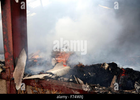 Fareham, Hampshire, UK. 25. November 2015. Feuer-Crews von Fareham, Gosport und Hightown wurden heute Nachmittag in einer Scheune-Farm in Brownwich Lane in Titchfield genannt. Hampshire Feuer und Rettung Service Watch Manager Ian Cambridge von Fareham sagte: "Wenn die erste Mannschaft besuchte die Scheune gut erleuchtet war." Er fuhr dann fort, loben die Bemühungen der teilnehmenden Mannschaften und die harte Arbeit, die sie setzen, um die Feuersbrunst zu zwei anderen angrenzenden Scheunen Ausbreitung zu stoppen. Ein Wasserträger hatte, aufgrund der begrenzten Wasserversorgung im Bereich aufgerufen werden. Bildnachweis: Uknip/Alamy Live-Nachrichten Stockfoto