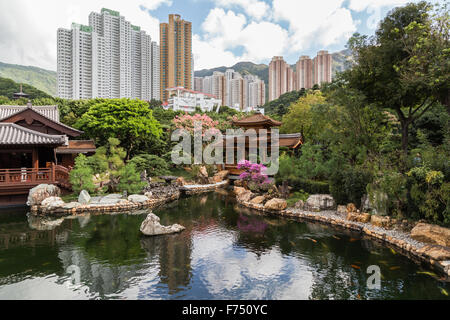 Traditionellen hölzernen Teehaus und Brücke am Teich bei den Nan Lian Garden in Hong Kong, China. Stockfoto