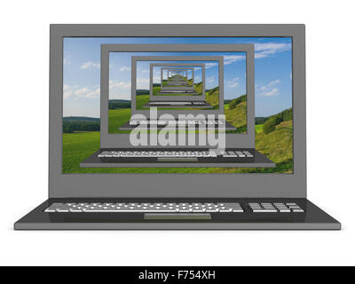 Rekursive 3D-Bild von Laptops mit einer Landschaft auf dem Bildschirm. Stockfoto